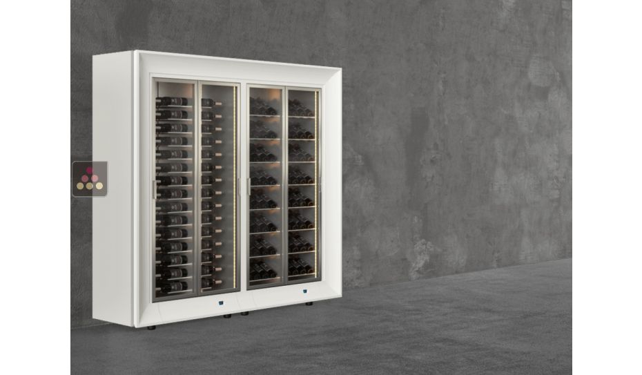 Freestanding combination of two professional multi-temperature wine display cabinets - Horizontal and inclined bottles -Curved frame