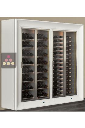 Freestanding combination of two professional multi-temperature wine display cabinets - Horizontal and inclined bottles -Curved frame