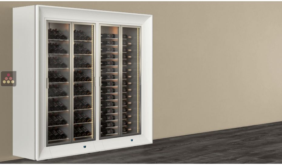 Freestanding combination of two professional multi-temperature wine display cabinets - Horizontal and inclined bottles -Curved frame