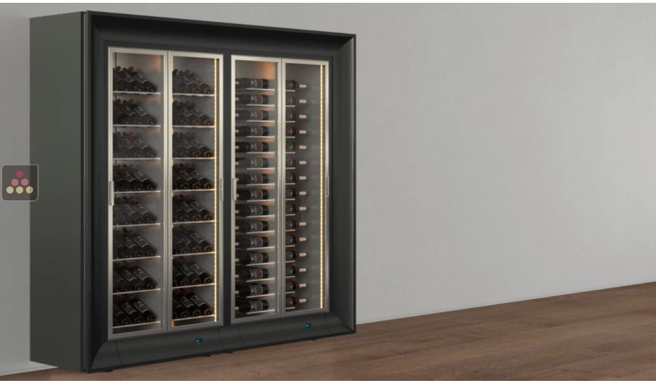 Freestanding combination of two professional multi-temperature wine display cabinets - Horizontal and inclined bottles -Curved frame