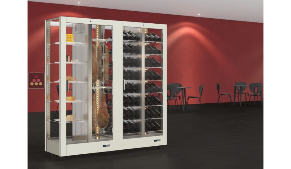 Combination of 2 professional refrigerated display cabinets for wine, cheese and cured meat - 4 glazed sides - Magnetic and interchangeable cover