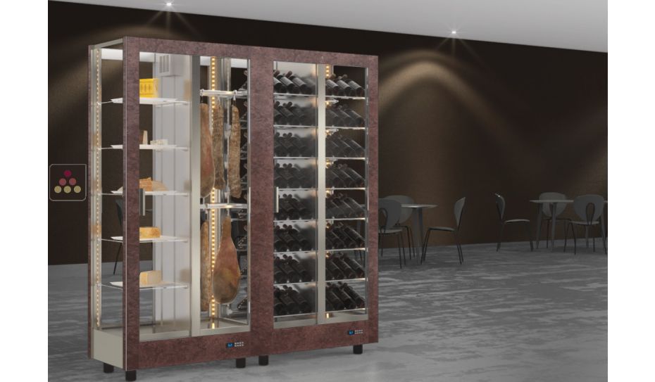 Combination of 2 professional refrigerated display cabinets for wine, cheese and cured meat - 4 glazed sides - Magnetic and interchangeable cover