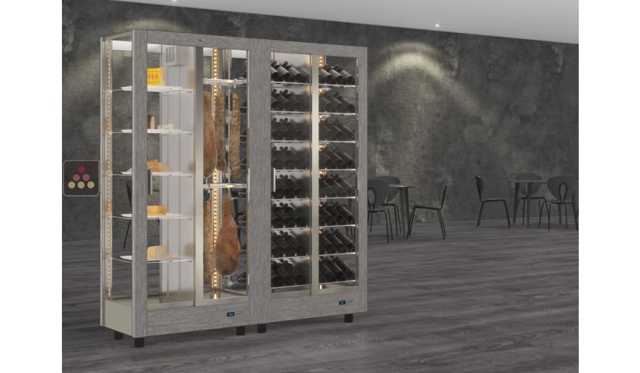 Combination of 2 professional refrigerated display cabinets for wine, cheese and cured meat - 4 glazed sides - Magnetic and interchangeable cover