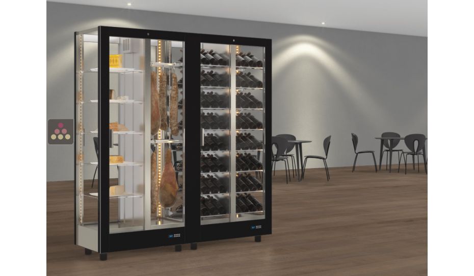 Combination of 2 professional refrigerated display cabinets for wine, cheese and cured meat - 4 glazed sides - Magnetic and interchangeable cover