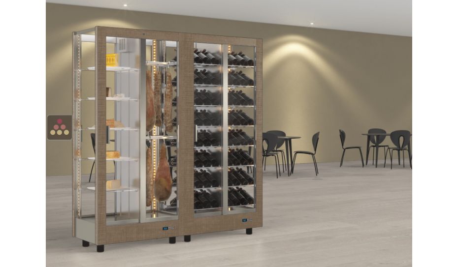 Combination of 2 professional refrigerated display cabinets for wine, cheese and cured meat - 4 glazed sides - Magnetic and interchangeable cover