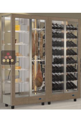 Combination of 2 professional refrigerated display cabinets for wine, cheese and cured meat - 4 glazed sides - Magnetic and interchangeable cover