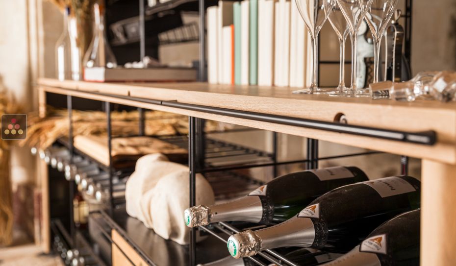 Steel storage rack with solid Oak wood tasting counter