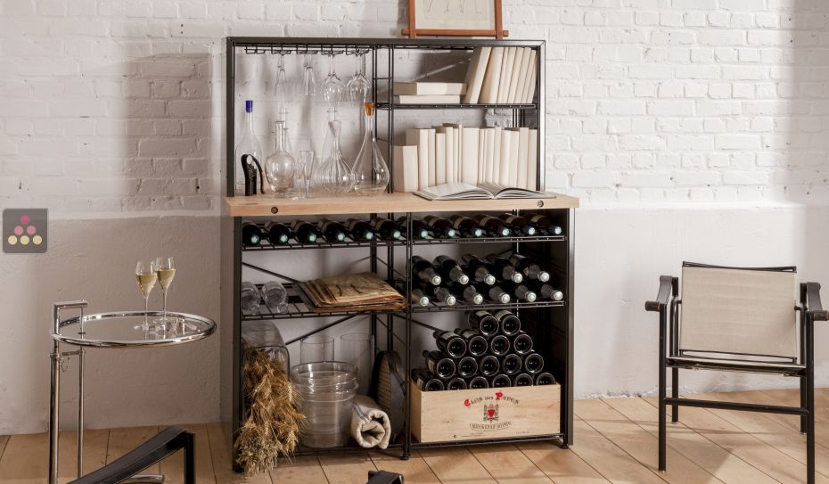 Steel tasting and storage furniture with solid Oak wook counter-top 