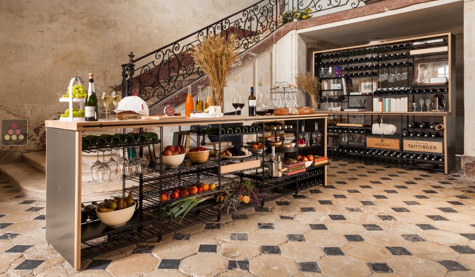 Solid Oak tasting counter-top with integrated storage racks