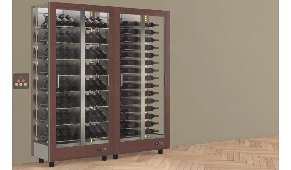 Combination of 2 professional multi-purpose wine display cabinet - 3 glazed sides - Horizontal/inclined bottles - Magnetic and interchangeable cover