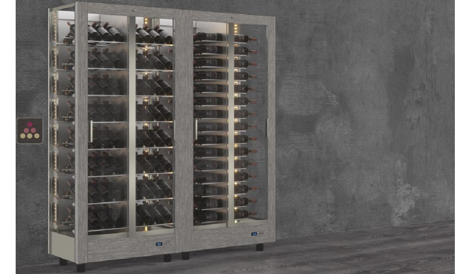 Combination of 2 professional multi-purpose wine display cabinet - 3 glazed sides - Horizontal/inclined bottles - Magnetic and interchangeable cover