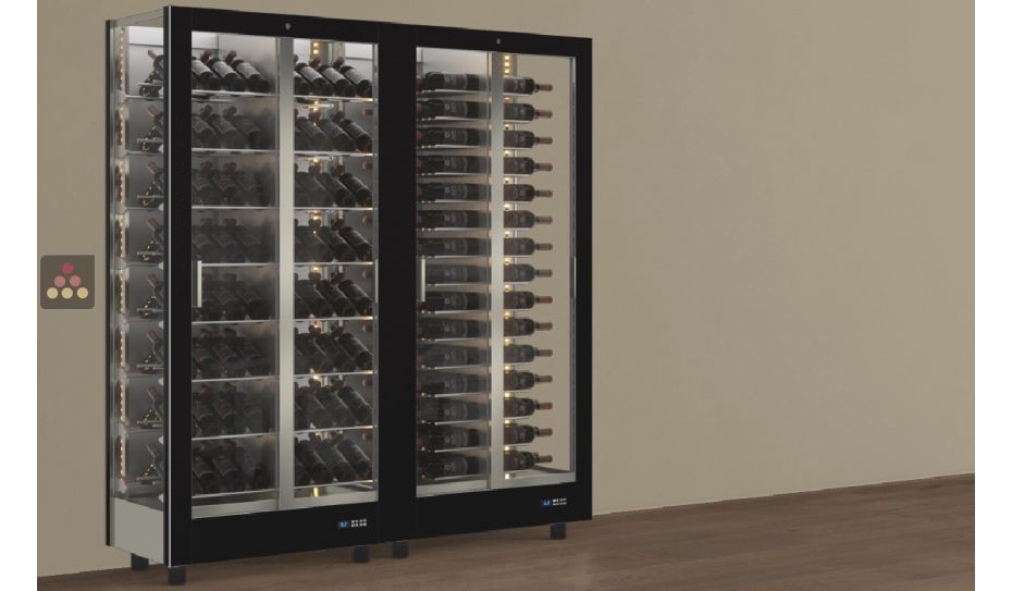 Combination of 2 professional multi-purpose wine display cabinet - 3 glazed sides - Horizontal/inclined bottles - Magnetic and interchangeable cover