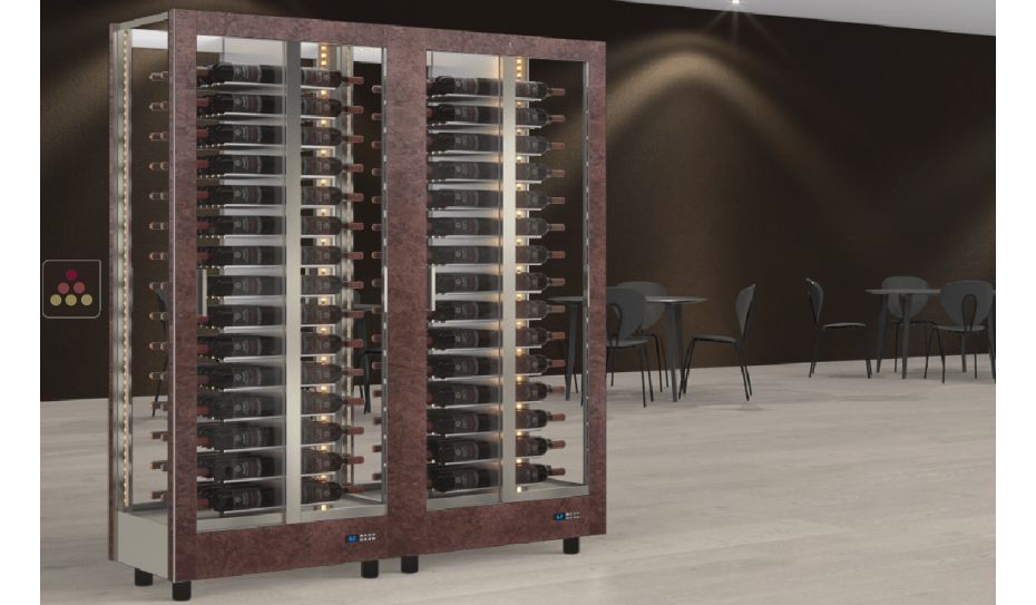 Combination of 2 professional multi-temperature wine display cabinets - 4 glazed sides - Horizontal bottles - Magnetic and interchangeable cover