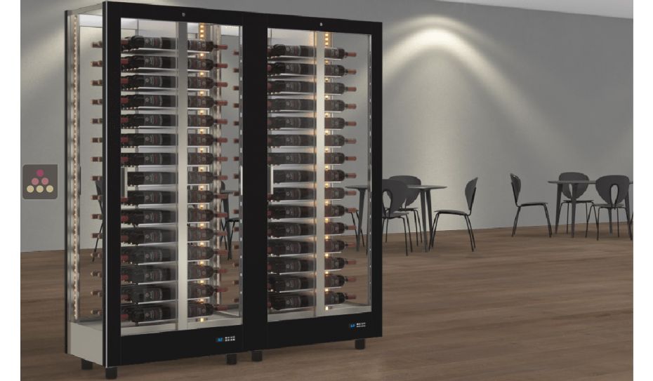 Combination of 2 professional multi-temperature wine display cabinets - 4 glazed sides - Horizontal bottles - Magnetic and interchangeable cover