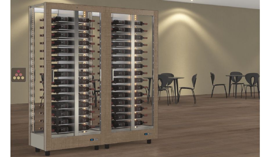 Combination of 2 professional multi-temperature wine display cabinets - 4 glazed sides - Horizontal bottles - Magnetic and interchangeable cover