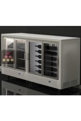 Combination of two central multipurpose wine cabinets with customizable wooden coating