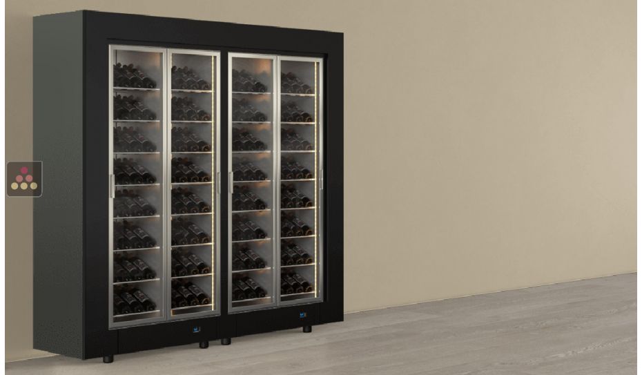 Freestanding combination of two professional multi-temperature wine display cabinets - Inclined bottles - Flat frame