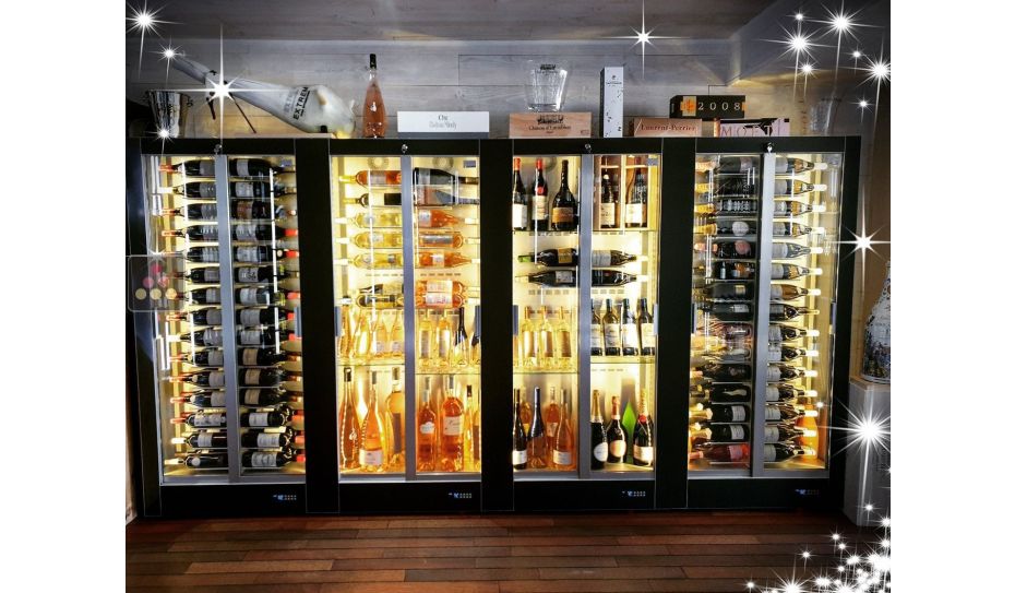 Combination of 4 professional multi-temperature wine display cabinets - 36cm deep - 3 glazed sides - Magnetic and interchangeable cover