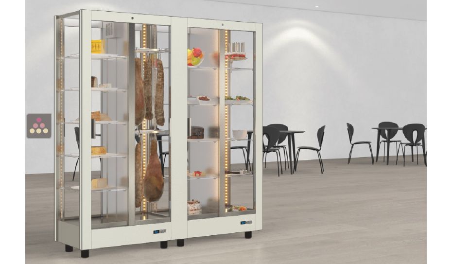 Combination of 2 professional refrigerated display cabinets for cheese/cured meat and snack/desserts - 4 glazed sides - Magnetic and interchangeable cover