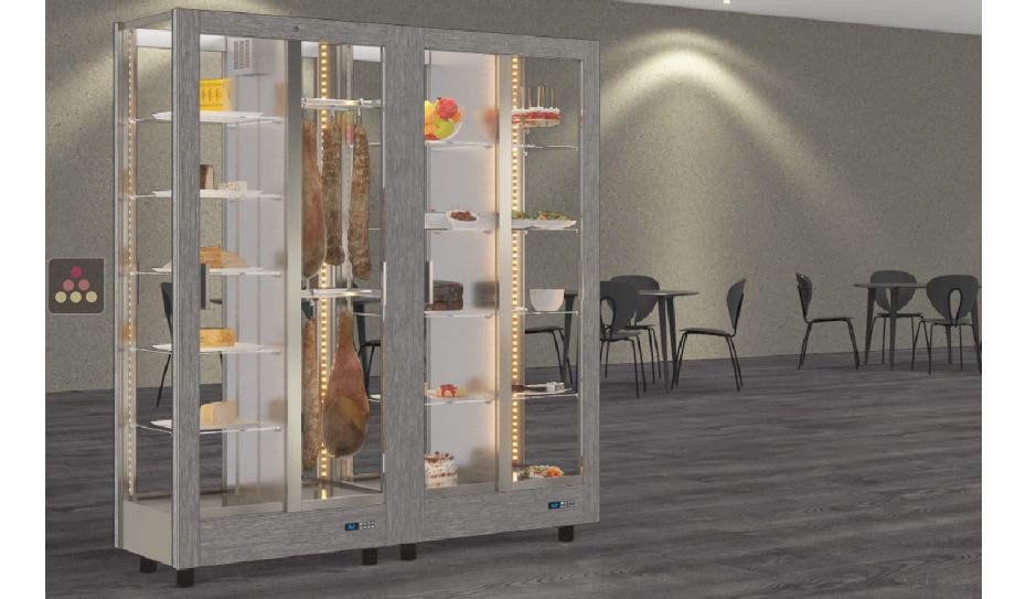 Combination of 2 professional refrigerated display cabinets for cheese/cured meat and snack/desserts - 4 glazed sides - Magnetic and interchangeable cover