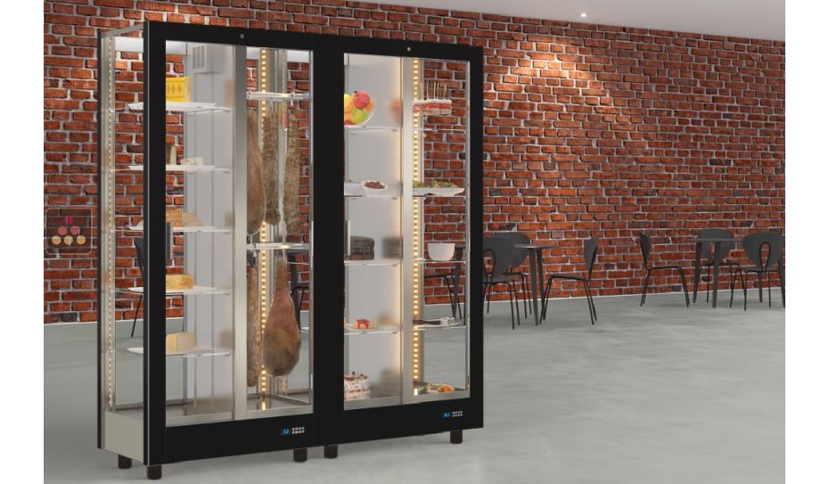 Combination of 2 professional refrigerated display cabinets for cheese/cured meat and snack/desserts - 4 glazed sides - Magnetic and interchangeable cover