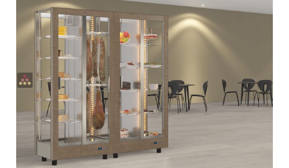 Combination of 2 professional refrigerated display cabinets for cheese/cured meat and snack/desserts - 4 glazed sides - Magnetic and interchangeable cover