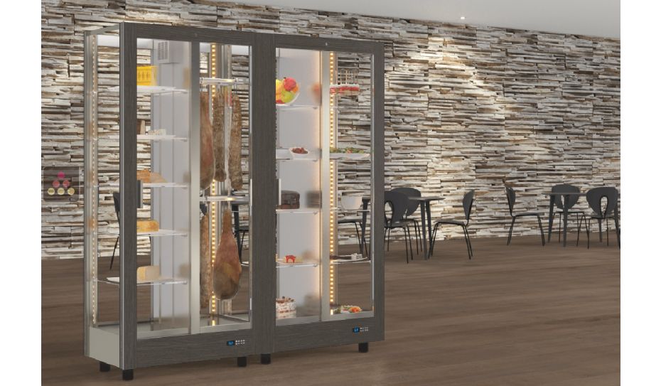 Combination of 2 professional refrigerated display cabinets for cheese/cured meat and snack/desserts - 4 glazed sides - Magnetic and interchangeable cover