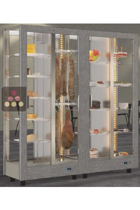 Combination of 2 professional refrigerated display cabinets for cheese/cured meat and snack/desserts - 4 glazed sides - Magnetic and interchangeable cover