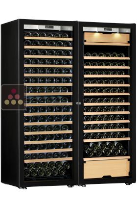 Combination of a single temperature wine cabinet and a 3 temperatures multipurpose wine cabinet - Sliding shelves - Full Glass door