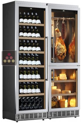 Built-in combination of a multi-temperature wine cabinet, and a cheese & delicatessen cabinet - Stainless steel front