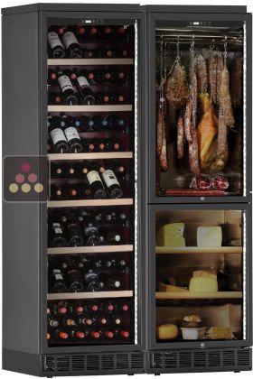 Built-in combination of a multi-temperature wine cabinet, a cheese and cured meat cabinet