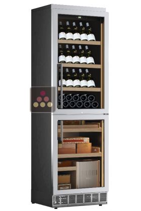 Built-in combination of a wine cabinet and cigar humidor - Stainless steel front - Inclined bottles display
