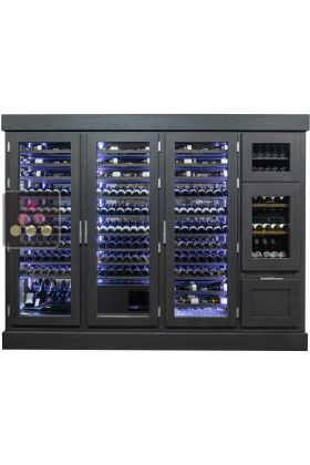 Custom-made ageing wine cabinet with a built-in dual temperature service cabinet and a standing bottles drawer
