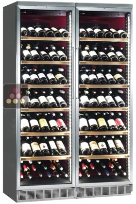 Built-in combination of 2 single-temperature wine cabinets for service or storage - Stainless steel front - Inclined bottles