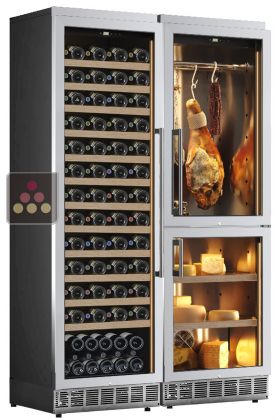 Built-in combination of a multi-temperature wine cabinet, and a cheese & delicatessen cabinet - Stainless steel front