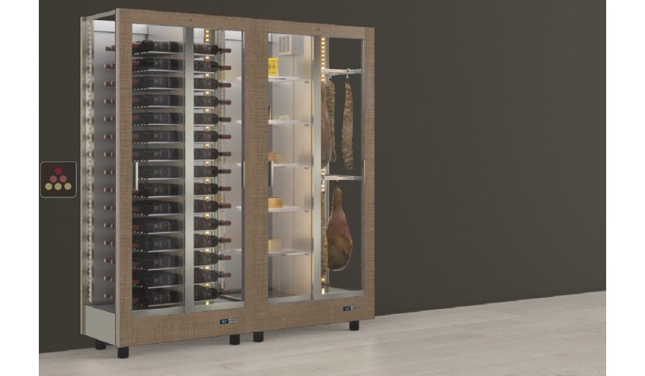 Combination of 2 professional refrigerated display cabinets for wine, cheese and cured meat - 3 glazed sides - Magnetic and interchangeable cover