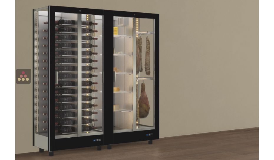 Combination of 2 professional refrigerated display cabinets for wine, cheese and cured meat - 3 glazed sides - Magnetic and interchangeable cover