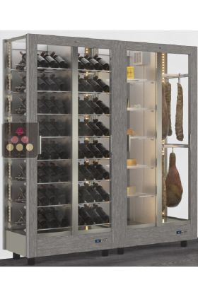 Combination of 2 professional refrigerated display cabinets for wine, cheese and cured meat - 3 glazed sides - Magnetic and interchangeable cover
