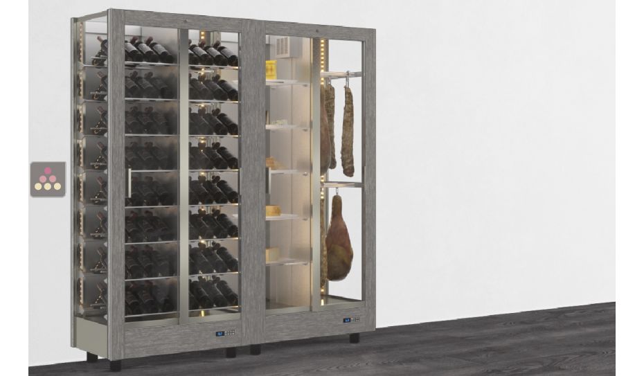 Combination of 2 professional refrigerated display cabinets for wine, cheese and cured meat - 3 glazed sides - Magnetic and interchangeable cover