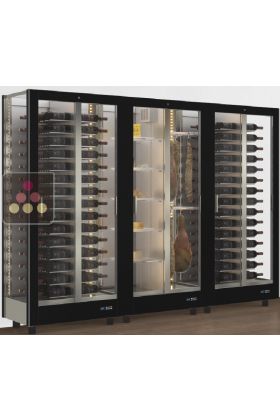 Combination of 3 professional refrigerated display cabinets for wine, cheese and cured meat - 3 glazed sides - Magnetic and interchangeable cover