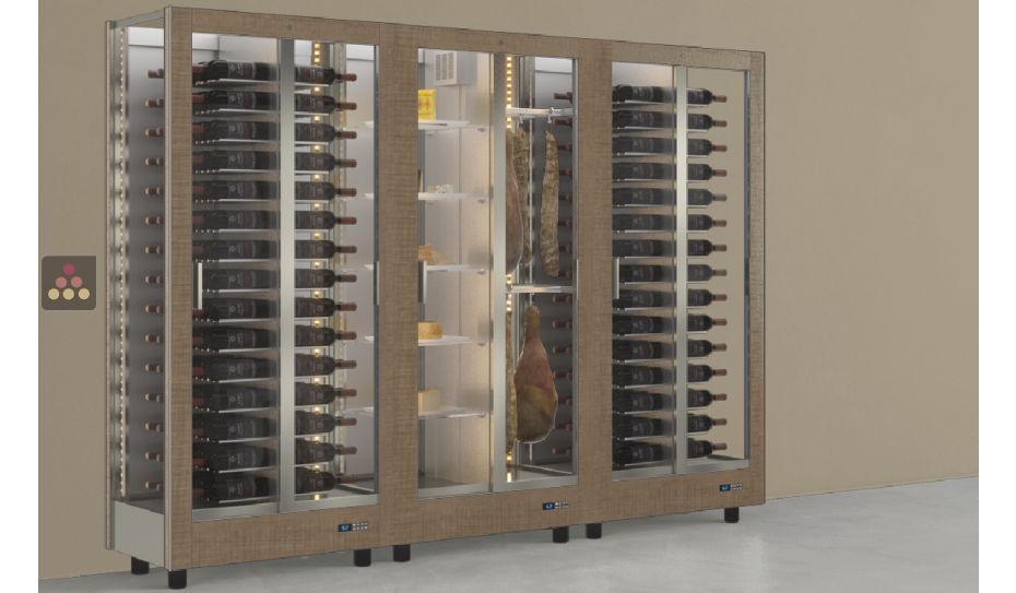 Combination of 3 professional refrigerated display cabinets for wine, cheese and cured meat - 3 glazed sides - Magnetic and interchangeable cover