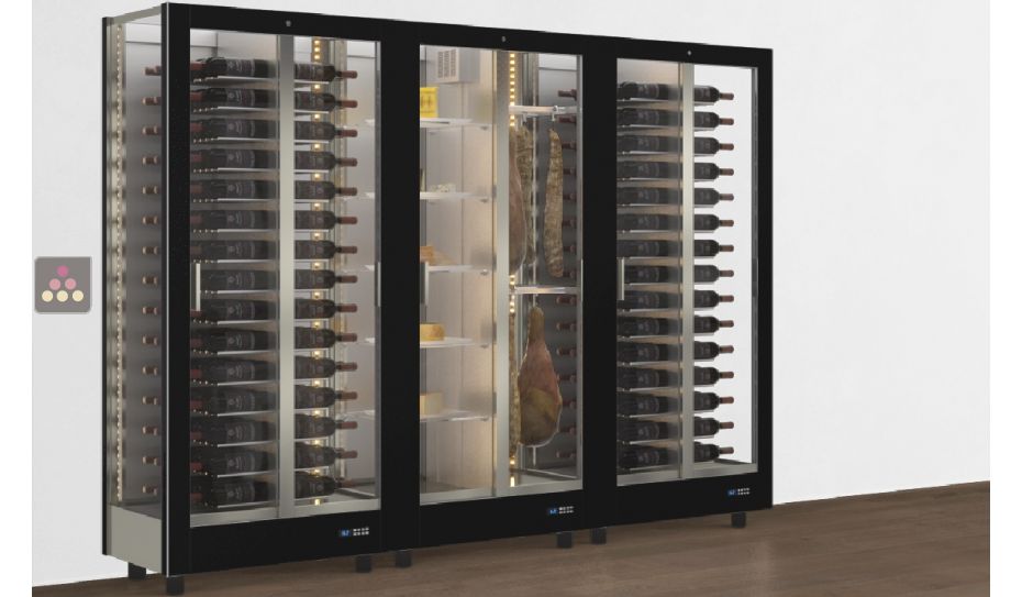 Combination of 3 professional refrigerated display cabinets for wine, cheese and cured meat - 3 glazed sides - Magnetic and interchangeable cover