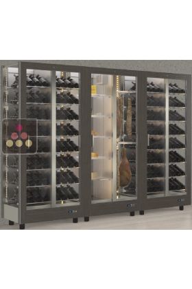 Combination of 3 professional refrigerated display cabinets for wine, cheese and cured meat - 3 glazed sides - Magnetic and interchangeable cover