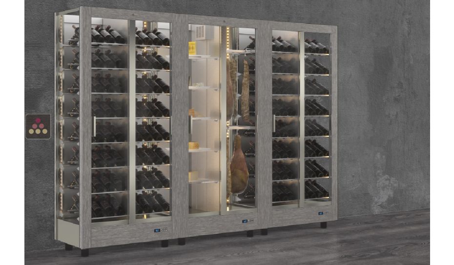 Combination of 3 professional refrigerated display cabinets for wine, cheese and cured meat - 3 glazed sides - Magnetic and interchangeable cover