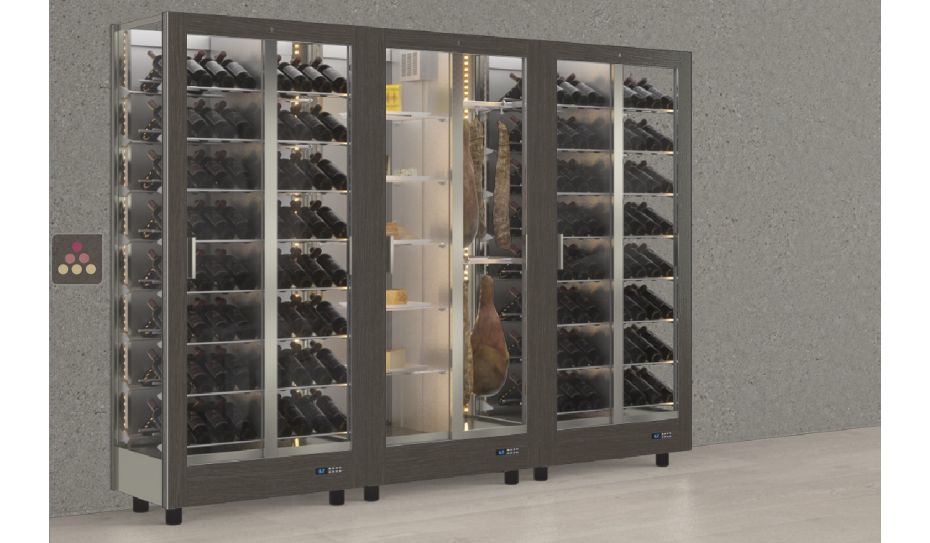 Combination of 3 professional refrigerated display cabinets for wine, cheese and cured meat - 3 glazed sides - Magnetic and interchangeable cover