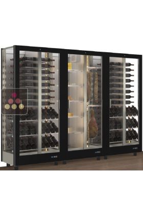 Combination of 3 professional refrigerated display cabinets for wine, cheese and cured meat - 3 glazed sides - Magnetic and interchangeable cover