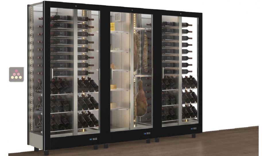 Combination of 3 professional refrigerated display cabinets for wine, cheese and cured meat - 3 glazed sides - Magnetic and interchangeable cover