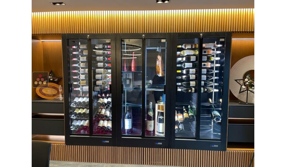 Combination of 3 professional refrigerated display cabinets for wine, cheese and cured meat - 3 glazed sides - Magnetic and interchangeable cover