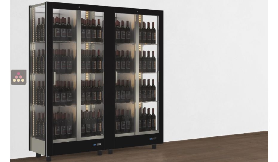 Combination of 2 professional multi-purpose wine display cabinet - 3 glazed sides - Standing bottles - Magnetic and interchangeable cover