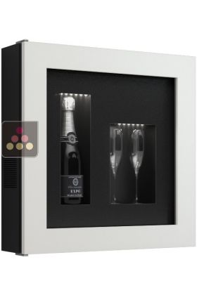 Silent refrigerated Champagne frame display for 1 bottle and 2 glasses